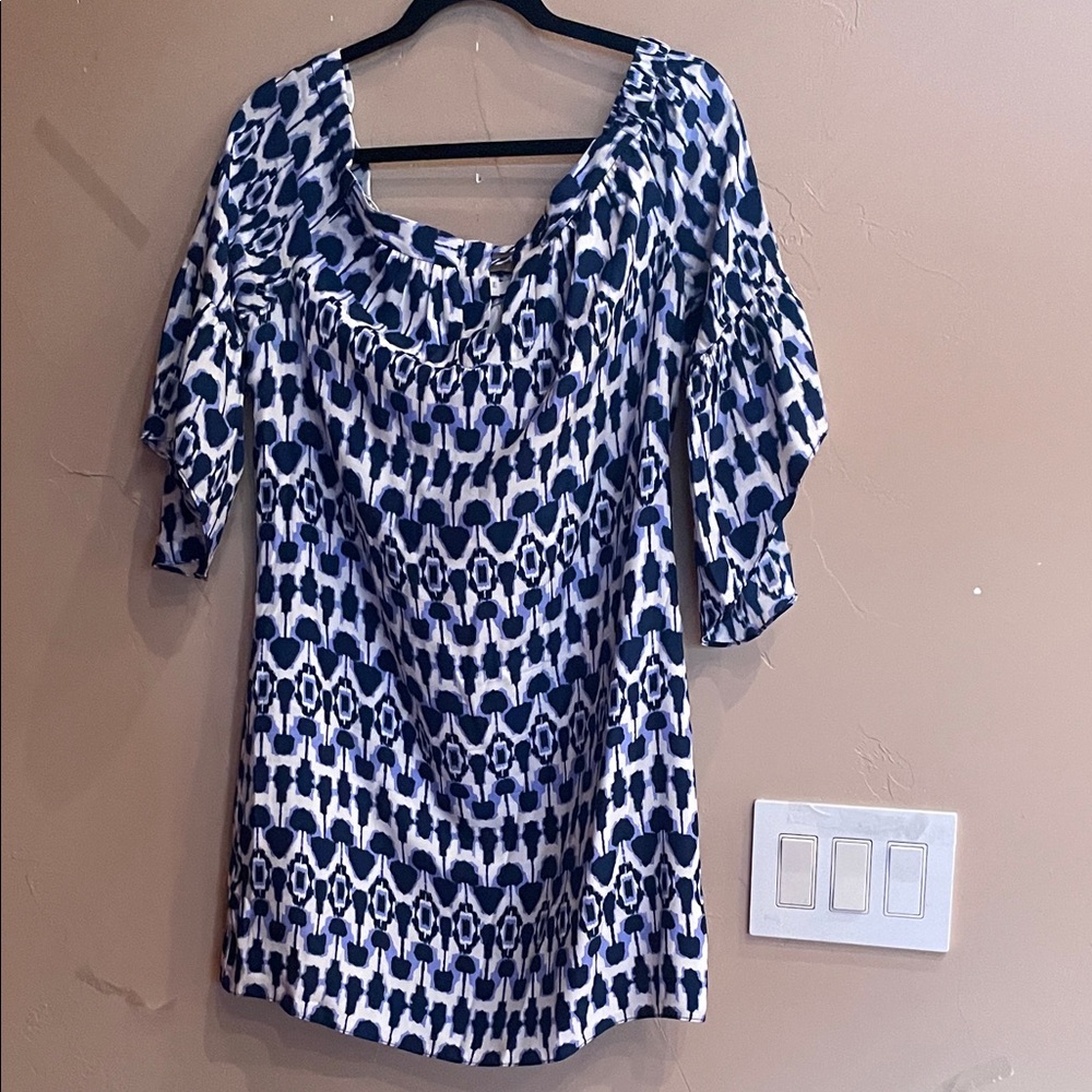 Alex& Tricia by Angela George SILK Navy & White Printed Scoop-Neck Off Shoulder